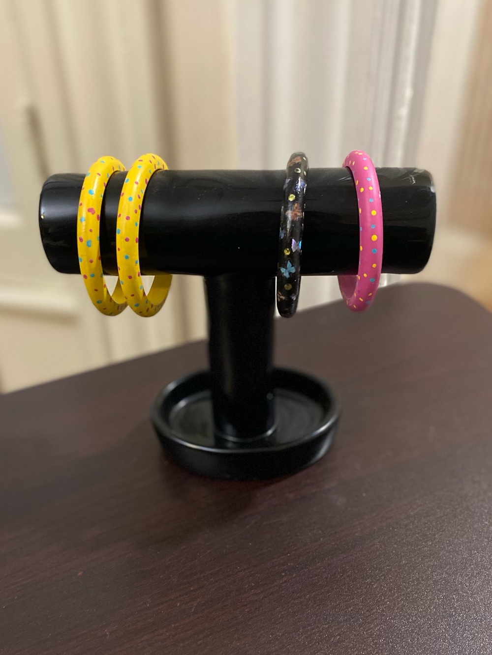 Hand-Painted Yellow & Pink Wooden Bangle Set
